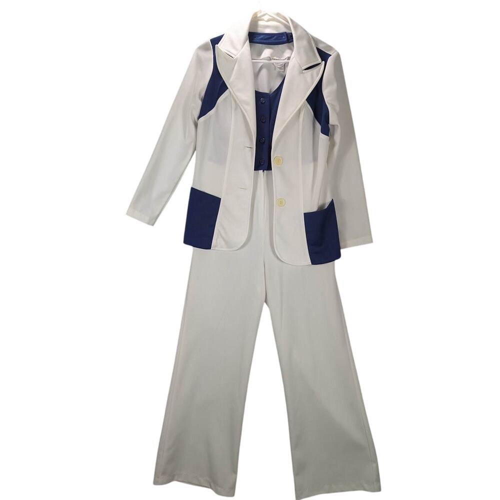 JCPenney Halter Top Leisure Suit Womens 14 Navy White Long Sleeve Wide Leg Disco